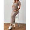 image:imageMakeMeChic Womens Maternity Dress Summer Baby Shower Dress Square Neck Short Sleeve Split Bodycon Maxi DressPink