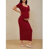 image:imageMakeMeChic Womens Maternity Dress Summer Baby Shower Dress Square Neck Short Sleeve Split Bodycon Maxi DressRed