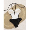 image:imageMakeMeChic Womens One Piece Swimsuit Cut Out Halter Open Back Bathing Suit SwimwearBlack and White