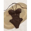 image:imageMakeMeChic Womens One Piece Swimsuit Cut Out Halter Open Back Bathing Suit SwimwearBrown