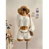 image:imageMakeMeChic Womens Striped 2 Piece Sets Crochet Beach Cover Ups Crop Tops Shorts Set Vacation OutfitsApricot