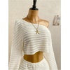 image:imageMakeMeChic Womens Striped 2 Piece Sets Crochet Beach Cover Ups Crop Tops Shorts Set Vacation OutfitsApricot