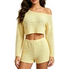 image:imageMakeMeChic Womens Striped 2 Piece Sets Crochet Beach Cover Ups Crop Tops Shorts Set Vacation OutfitsYellow