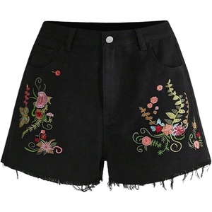 image:imageMAKEMECHIC Womens Floral Jean Shorts High Waist Embroidery Raw Hem Denim ShortBlack
