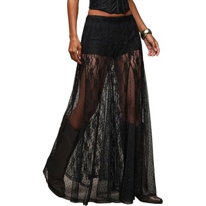 image:imageMakeMeChic Womens Lace Sheer Maxi Skirts Floral Polka Dots Ruffle Concert Boho Goth Long SkirtsBlack Solid