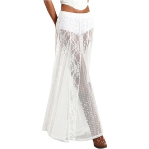 image:imageMakeMeChic Womens Lace Sheer Maxi Skirts Floral Polka Dots Ruffle Concert Boho Goth Long SkirtsWhite