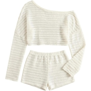image:imageMakeMeChic Womens Striped 2 Piece Sets Crochet Beach Cover Ups Crop Tops Shorts Set Vacation OutfitsApricot