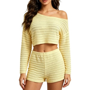 image:imageMakeMeChic Womens Striped 2 Piece Sets Crochet Beach Cover Ups Crop Tops Shorts Set Vacation OutfitsYellow