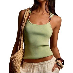 image:imageMakeMeChic Womens Summer Cute Tank Tops Beaded Square Neck Sleeveless Knit Beach Vacation TopsGreen
