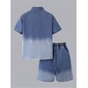 image:imageMakeMeChic Boys 2 Piece Denim Outfits Collared Short Sleeve Button Down Shirt and Wide Leg Jorts SetsLight Blue