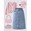 image:imageMakeMeChic Girls Jean Skirt Elastic High Waisted Y2k Summer Cute Denim Midi Skirts with PocketFlower Blue