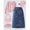 image:imageMakeMeChic Girls Jean Skirt Elastic High Waisted Y2k Summer Cute Denim Midi Skirts with PocketFlower Dark Blue