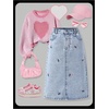 image:imageMakeMeChic Girls Jean Skirt Elastic High Waisted Y2k Summer Cute Denim Midi Skirts with PocketFlower Print