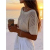 image:imageMakeMeChic Womens Crochet Crop Cover Up Sweater Hollow Out Short Sleeve Lightweight Pullover Summer TopsApricot