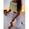 image:imageMakeMeChic Womens Crochet Crop Cover Up Sweater Hollow Out Short Sleeve Lightweight Pullover Summer TopsYellow