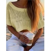 image:imageMakeMeChic Womens Crochet Crop Cover Up Sweater Hollow Out Short Sleeve Lightweight Pullover Summer TopsYellow