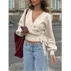 image:imageMakeMeChic Womens Cropped Sweaters Fall Wrap Sweater V Neck Tie Front Long Sleeve Knit TopsKhaki