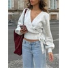 image:imageMakeMeChic Womens Cropped Sweaters Fall Wrap Sweater V Neck Tie Front Long Sleeve Knit TopsLight Grey