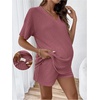 image:imageMakeMeChic Womens Maternity 2 Piece Outfits Summer Short Sleeve Rib Knit Tee Top and Short Lounge Sets ClothesRusty Rose