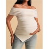 image:imageMakeMeChic Womens Maternity Summer Clothes Off The Shoulder Tops Short Sleeve Asymmetrical Pregnancy TopsApricot