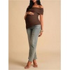 image:imageMakeMeChic Womens Maternity Summer Clothes Off The Shoulder Tops Short Sleeve Asymmetrical Pregnancy TopsBrown