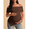 image:imageMakeMeChic Womens Maternity Summer Clothes Off The Shoulder Tops Short Sleeve Asymmetrical Pregnancy TopsBrown