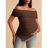 image:imageMakeMeChic Womens Maternity Summer Clothes Off The Shoulder Tops Short Sleeve Asymmetrical Pregnancy TopsBrown