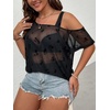 image:imageMakeMeChic Womens Plus Size Concert Outfits Fishnet Tops Black Rhinestone Mesh Short Sleeve Festival TopsBlack Cold Shoulder
