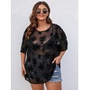 image:imageMakeMeChic Womens Plus Size Concert Outfits Fishnet Tops Black Rhinestone Mesh Short Sleeve Festival TopsBlack Floral