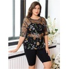 image:imageMakeMeChic Womens Plus Size Concert Outfits Fishnet Tops Black Rhinestone Mesh Short Sleeve Festival TopsBlack Floral Embroidery
