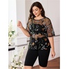 image:imageMakeMeChic Womens Plus Size Concert Outfits Fishnet Tops Black Rhinestone Mesh Short Sleeve Festival TopsBlack Floral Embroidery