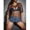 image:imageMakeMeChic Womens Plus Size Concert Outfits Fishnet Tops Black Rhinestone Mesh Short Sleeve Festival TopsBlack Graphic Print