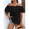 image:imageMakeMeChic Womens Plus Size Off Shoulder Tops Ruffle Short Sleeve Blouse Summer Tie Front OutfitsBlack