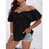 image:imageMakeMeChic Womens Plus Size Off Shoulder Tops Ruffle Short Sleeve Blouse Summer Tie Front OutfitsBlack a