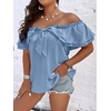 image:imageMakeMeChic Womens Plus Size Off Shoulder Tops Ruffle Short Sleeve Blouse Summer Tie Front OutfitsDusty Blue