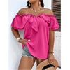 image:imageMakeMeChic Womens Plus Size Off Shoulder Tops Ruffle Short Sleeve Blouse Summer Tie Front OutfitsHot Pink