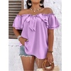 image:imageMakeMeChic Womens Plus Size Off Shoulder Tops Ruffle Short Sleeve Blouse Summer Tie Front OutfitsMauve Purple