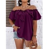 image:imageMakeMeChic Womens Plus Size Off Shoulder Tops Ruffle Short Sleeve Blouse Summer Tie Front OutfitsPurple