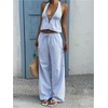 image:imageMakeMeChic Womens Summer 2 Piece Sets Backless Halter Tank Top Wide Leg Linen Pants Set Vacation OutfitsBlue