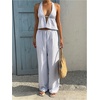 image:imageMakeMeChic Womens Summer 2 Piece Sets Backless Halter Tank Top Wide Leg Linen Pants Set Vacation OutfitsBlue