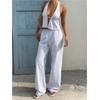 image:imageMakeMeChic Womens Summer 2 Piece Sets Backless Halter Tank Top Wide Leg Linen Pants Set Vacation OutfitsBlue