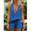 image:imageMakeMeChic Womens Summer 2 Piece Sets Knit Tank Tops Mini Shorts Set Beach Cover Ups Vacation OutfitsDark Blue