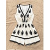 image:imageMakeMeChic Womens Summer Boho Short Rompers Floral Deep V Neck Sleeveless Wide Leg One Piece JumpsuitBlack and White