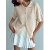 image:imageMakeMeChic Womens Summer Half Sleeve Collared Cardigan Button Down Short Sleeve Knitted SweaterBeige
