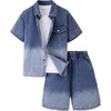 image:imageMakeMeChic Boys 2 Piece Denim Outfits Collared Short Sleeve Button Down Shirt and Wide Leg Jorts SetsLight Blue