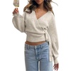 image:imageMakeMeChic Womens Cropped Sweaters Fall Wrap Sweater V Neck Tie Front Long Sleeve Knit TopsKhaki