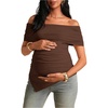 image:imageMakeMeChic Womens Maternity Summer Clothes Off The Shoulder Tops Short Sleeve Asymmetrical Pregnancy TopsBrown