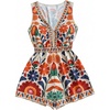 image:imageMakeMeChic Womens Summer Boho Short Rompers Floral Deep V Neck Sleeveless Wide Leg One Piece JumpsuitMulticolor