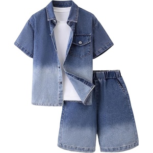 image:imageMakeMeChic Boys 2 Piece Denim Outfits Collared Short Sleeve Button Down Shirt and Wide Leg Jorts SetsLight Blue