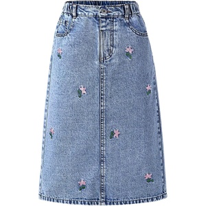 image:imageMakeMeChic Girls Jean Skirt Elastic High Waisted Y2k Summer Cute Denim Midi Skirts with PocketFlower Blue